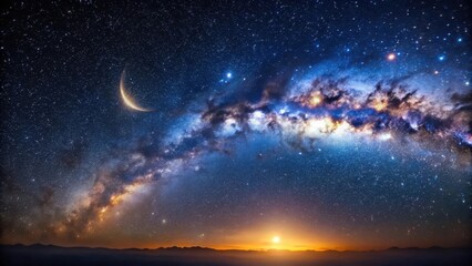 Fototapeta premium Milky Way galaxy in a dark night sky with thousands of twinkling stars and a crescent moon shining brightly overhead