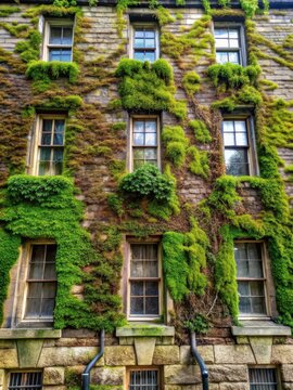 Ivy wall covered in moss and lichen on a stone facade of an old building in Ithaca NY