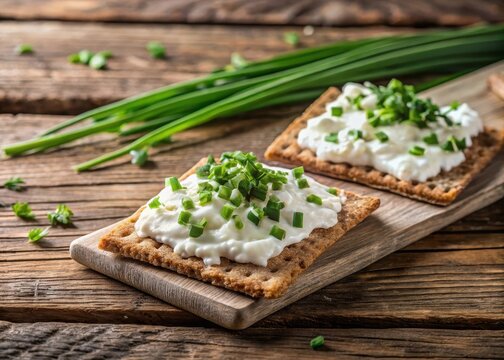 Crunchy crispbread with tangy curd cheese spread and fresh chives on a rustic wooden table