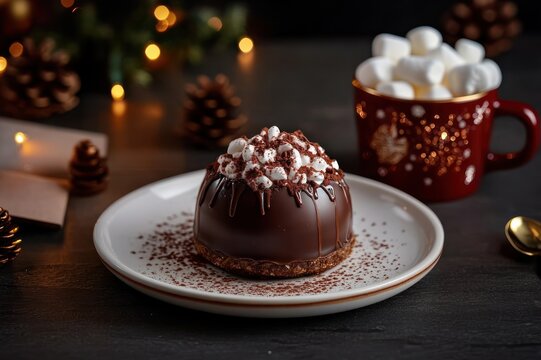 decadent chocolate dome dessert topped with mini marshmallows and cocoa on a white plate beside a red mug filled with marshmallows, pine cones and warm fairy lights creating a cozy festive mood