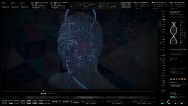 Digital DNA double helix intertwined with a glowing human head within a high-tech HUD interface. Represents bioinformatics, genetics, and medical technology.