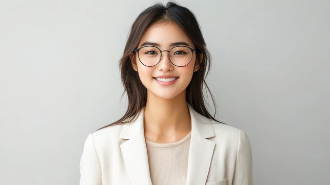 Studio portrait of a woman with blurred face, long dark hair, neutral expression, wearing a light beige blazer and simple top against a plain light gray background