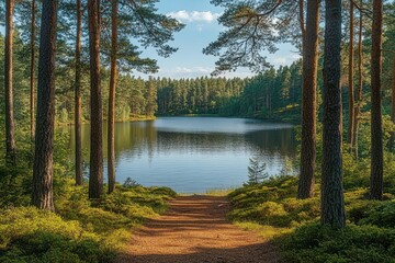 quiet forest path leading down to a calm pine-fringed lake with mirrored still water under a blue sky, serene sunlit summer nature scene © Olya