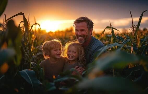 Parent embracing two children in a cornfield at golden sunset, warm peaceful and tender family moment