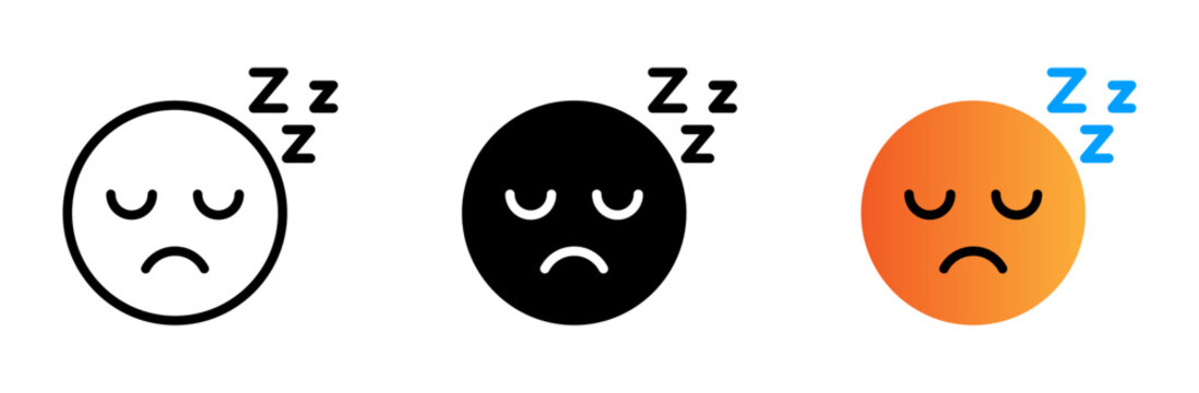 Sleeping face emoji icon set with zzz symbol . tired, sleepy emoticon expressions in outline, black, and orange styles.