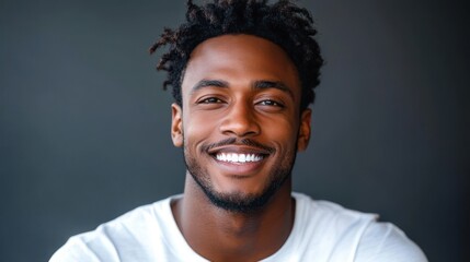 Fototapeta premium close-up studio portrait of a person with curly dark hair wearing a white t-shirt, face intentionally blurred, neutral expression against a dark moody background