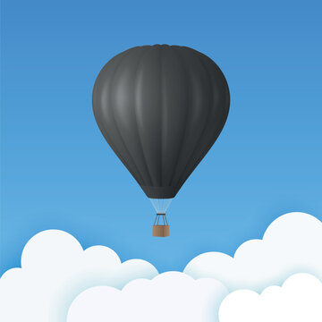 Vector Travel Banner with 3d Realistic Black Hot Air Balloon Icon on a Blue Sky Background. Design Template, Summer Vacation, Travelling, Tourism and Journey Concept