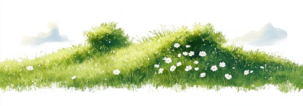 sunlit rolling grassy mounds dotted with white wildflowers and low green bushes under soft wispy clouds, peaceful tranquil meadow