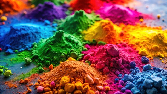 Vibrant colorful powder scattered on a surface with various vibrant colors