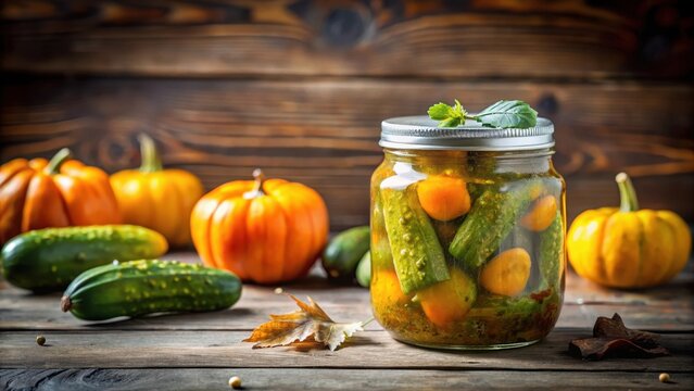 Glass jar filled with pickled gherkins and pumpkin jam on a rustic wooden table