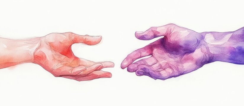 Two watercolor hands reaching toward each other, warm orange left hand and cool purple right hand, open palms and fingers conveying longing, connection and gentle offering