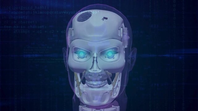 Futuristic robotic humanoid skull with glowing blue eyes and mechanical gears against a blue digital binary code background. AI and cybernetics concept.
