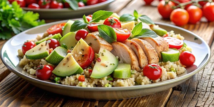Close-up shot of a plate of quinoa salad with roasted chicken