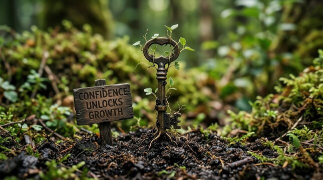 Macro shot of a vintage metal key growing like a plant from soil with green leaves and roots, next to a wooden sign inscribed with "CONFIDENCE UNLOCKS GROWTH" in a lush forest.