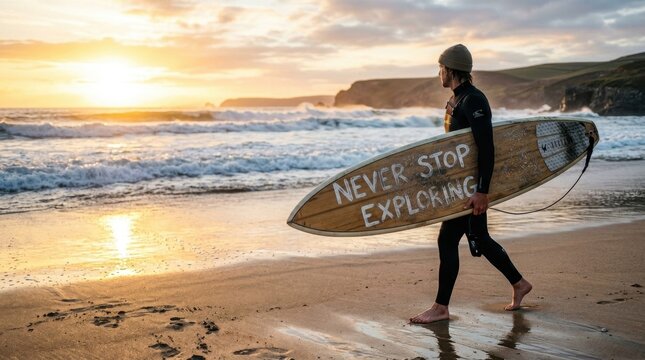Side view of a male surfer in a black wetsuit and beanie walking on a sandy beach at sunset, carrying a wooden surfboard with the text NEVER STOP EXPLORING written on it.