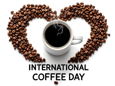 Heart shaped coffee beans surrounding a steaming cup of black coffee for international coffee day celebration