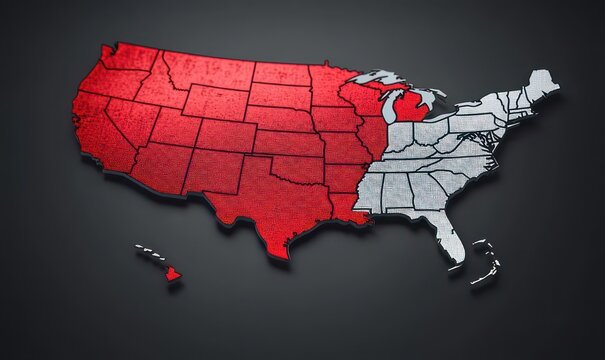 textured three-dimensional map of the united states with western and central states in red and eastern states in gray on a dark background conveying division and contrast