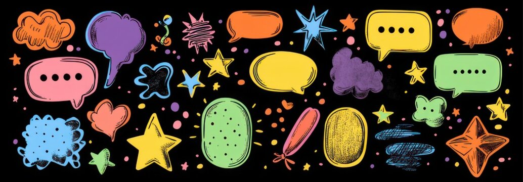 colorful hand-drawn speech and thought bubbles with stars, hearts, dots, ovals, clouds, comets, scribbles and a small cute frog face on black background, playful cheerful whimsical mood