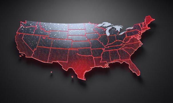 Futuristic glowing red map of the continental United States with illuminated state borders and scattered light particles on a dark background, dramatic and ominous mood