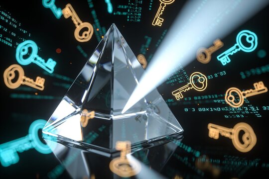 Ein Lichtstrahl spaltet sich in leuchtende Datenschl&uuml;ssel, Cyber