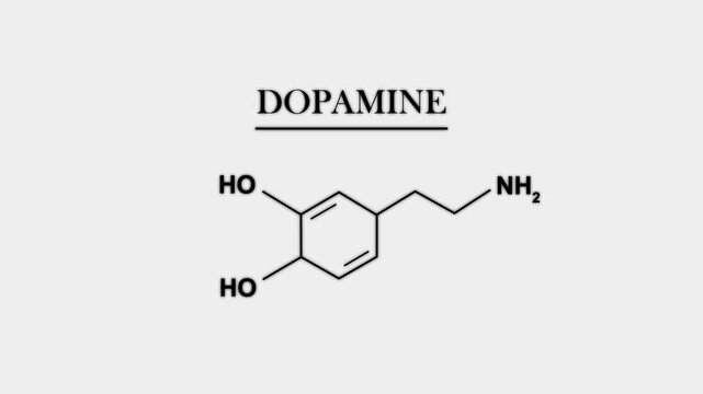 Glowing neon cyan dopamine chemical molecular structure formula animation text on a solid black background for science and biology motion graphics