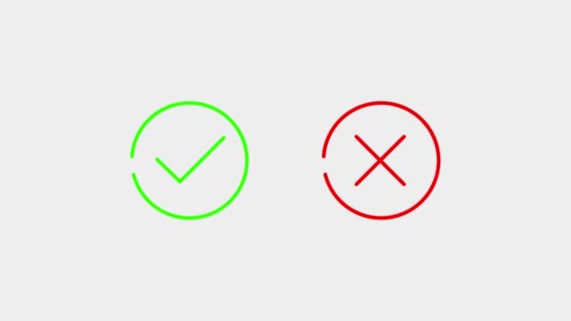 Minimalist animated green checkmark and red cross icons inside circles isolated on white background for correct wrong answer selection and quiz motion graphics