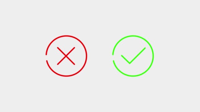 Minimalist animated green checkmark and red cross icons inside circles isolated on white background for correct wrong answer selection and quiz motion graphics
