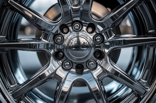 Close-up of a polished chrome alloy wheel with multi-spoke design, central lug nuts and mirrored reflections conveying sleek high-performance precision and luxury