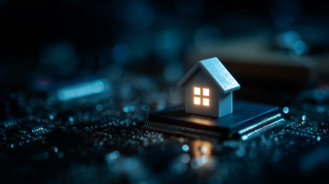 Glowing home model on electronic motherboard platform with technology, miniature