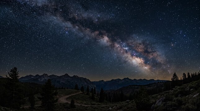 Starry Night Sky with Northern Lights Over Mountain Landscape and Clouds in Blue Winter Wilderness Under Moon and Distant Planet Glow