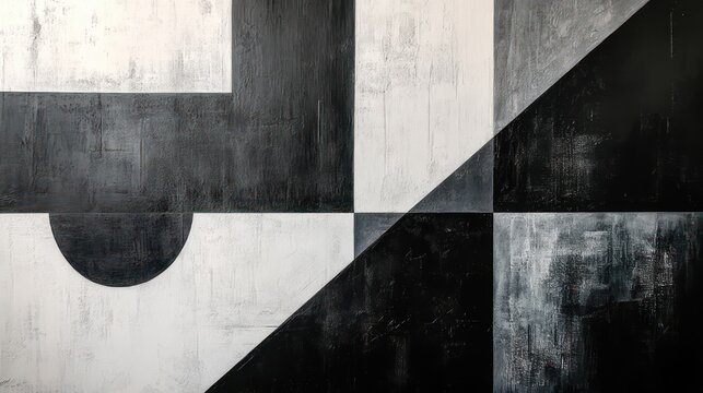 textured monochrome geometric artwork with diagonal divide, squares, rectangles and semicircle conveying a minimalist, austere and contemplative mood