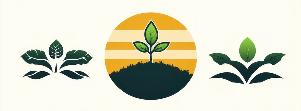 Three stylized green seedlings and leaf logos on a light background, central circular sun badge with sprout above soil conveying growth, renewal and eco optimism