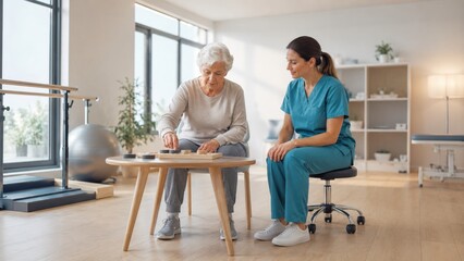 Obraz premium Senior Woman in Stroke Rehabilitation Session