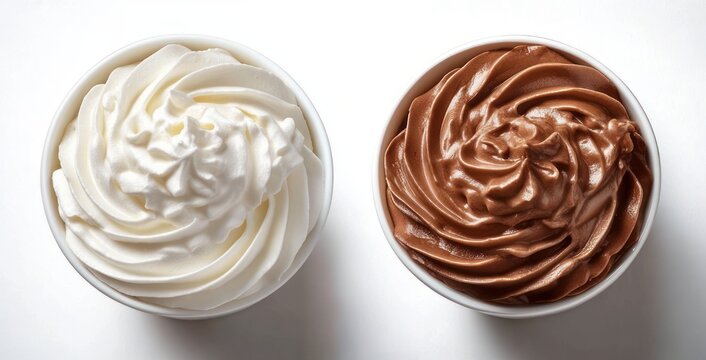top-down view of two dessert cups with white whipped cream and rich chocolate mousse swirled, inviting and indulgent