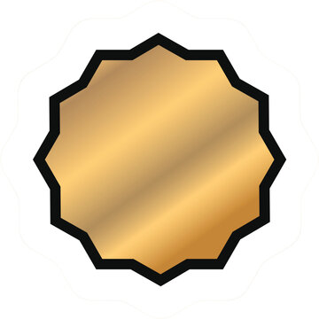 Golden starburst badge or sunburst seal with thick black outline isolated on transparent background, illustration