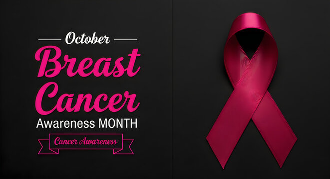 Breast cancer awareness month banner. Pink ribbon symbol on a colorful gradient background.