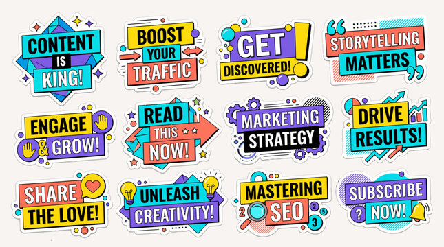 Collection of colorful social media marketing phrases.
