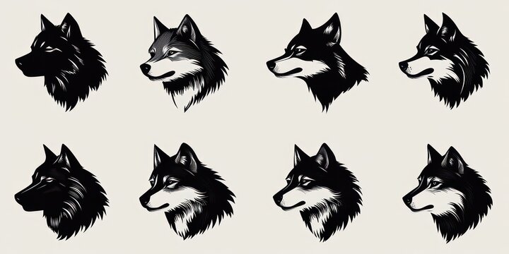 Eight stylized black and white wolf head illustrations in side profile on a neutral beige background with fierce, proud and stoic expressions