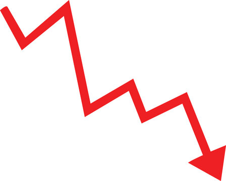 Red downward trend line graph arrow showing financial loss or economic decline isolated on transparent background, illustration