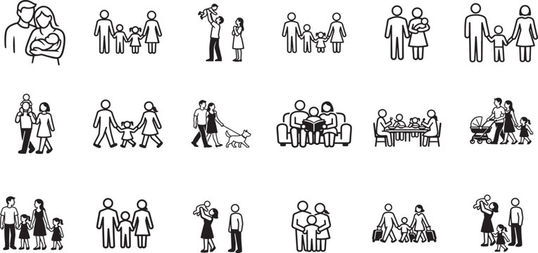 Minimal family outline figures for architectural plans, scalable vector set on transparent background.