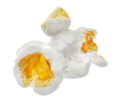 Macro popcorn flying, isolated on white background, with clipping path