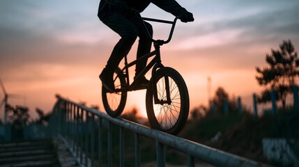 Obraz premium A person rides a BMX bike while balancing on a metal railing during sunset with warm sky colors