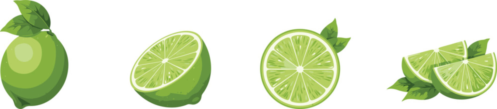 A collection of limes in various stages of cutting depicted as a vibrant vector illustration citrus fruit lime key citron slice wedges