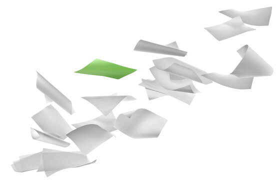 Pile blank white paper flying, sheet falls and twists isolated on white, clipping path