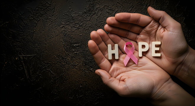 Pink ribbon for Breast Cancer Awareness Month campaign. October health advocacy symbol with bold typography on dark background.