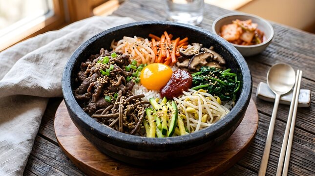 Colorful Korean bibimbap served in a sizzling stone bowl with raw egg yolk, seasoned vegetables, marinated beef and spicy chili paste, presented with chopsticks on a rustic wooden table.
