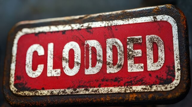 close-up of a weathered red metal sign reading "clodded" with rust, peeling white letters, grime and distressed texture conveying decay and neglect