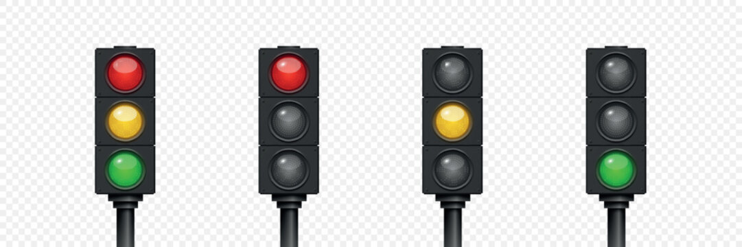 Vector 3d Traffic Light Set With Red Yellow Green Signals. Street Intersection Control Icons. Realistic 3d Stoplight Isolated. Road Safety Transportation Symbol