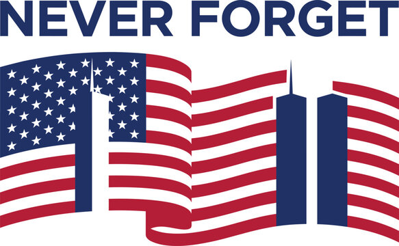 Never Forget 9/11 anniversary banner with waving American flag and Twin Towers silhouette