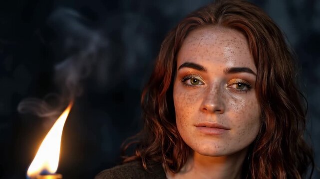 Slow motion tracking handheld portrait of freckled redhead woman gazing by candle flame in dark studio closeup, warm glow and moody evening contemplative expression